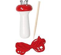 Strickpilz: H= 10,5 cm, Holz, mit Holznadel und Fäden