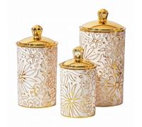 Striegro Ensemble de boîtes à thé, café et sucre, 3 boîtes de cuisine, bocaux rangement hermétiques emboîtables pour le thé, le café, le sucre et les collations, blanc laiteux avec des fleurs dorées.