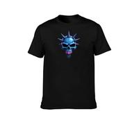 Striking Black Pure Cotton Crew Neck Tee Featuring Blue Spiked Skull Design, Punk Rock Vibes M