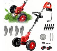 Strimmer sans Fil 21V, Coupe-Herbe légère télescopique avec Roues, Coupe-Herbe électrique de Jardin Strimmer 10000RPM avec Lames métalliques, Batterie 2 * 1200mAh, pour Le bordeur de pelouse Red