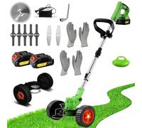 Strimmer sans Fil 21V, Coupe-Herbe légère télescopique avec Roues, Coupe-Herbe électrique de Jardin Strimmer 10000RPM avec Lames métalliques, Batterie 2 * 1200mAh, pour Le bordeur de pelouse Green