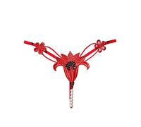 String Ficelle Femme Sexy érotique Transparente Culotte Chic Hot avec Perles Massage Lingerie Sexy Coquine Hot Dentelle Slip Motif Florale Leger sous Vetements feminins Pas Cher (Red, One Size)