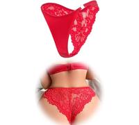 Strings en Dentelle Pour Femmes Grande Taille Satin Tangas Culottes Françaises avec sous-vêtements en Dentelle pour Dames Brillantes Sexy Respirant à lanières Sous-vêtements Sexy Bikini Brief Rouge M