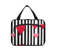 Stripe Simple Line Art Heart Valentine Red Hanging Trousse de toilette de voyage pour homme avec crochet, Designer Chic Matelassé Trousse de maquillage pour accessoires de voyage Travail Bolsa para