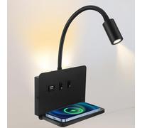 Strixorn Liseuse de Chevet Murale avec port de charge USB et Base de Chargeur sans Fil, Lampe de Lecture Col de Cygne Flexible, Applique murale LED pour Salon Chambre tête de lit Lecture (Noir)