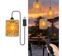 Strixorn Lot de 3 suspensions en rotin avec batterie, E27, style rétro, avec interrupteur à intensité variable, lampe suspendue vintage, bohème, pour chambre à coucher, foyer, balcon