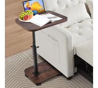 Strixorn Table d'appoint mobile réglable en hauteur avec plateau rotatif à 360° et 4 roulettes - Table d'appoint mobile avec freins de stationnement (noyer)