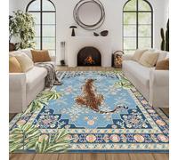 Strloepr Tapis Grand Salon Chambre Salle a Manger Antidérapant Lavable en Machine,Tissu Multicolore rétro Floral et imprimé léopard Moderne Bleu et Vert, 200 x 300 cm
