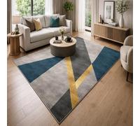 Strloepr Tapis Paillasson Entree Interieur Salon Chambre Cuisine Lavable en Machine,Tableau géométrique Moderne Bleu, Gris, Jaune, 60 x 90 cm