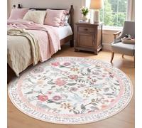 Strloepr Tapis Rond Lavable en Machine,Round 100 cm, Fleurs Multicolores Blanches Roses Bleues Vertes Jaunes, Tapis Entree Interieur Salon Chambre à Coucher Chaise de Bureau Cuisine,