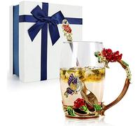 STRMZD Émail Papillon Tasse Fleurs, avec cuillère Tasse à café en Verre Transparent sans Plomb, Cadeaux personnalisés pour Petite Amie, Anniversaire, Amis, mère, Grand-mère, Noël, Halloween, Dames