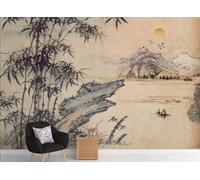 STROXTH WALLPAPER Papier Peint 250cmx175cm Bambous 3D Panoramique Style Chinois Encre Nature Montagne Eau Bambou Soleil Abstrait Vintage Zen Poster géant en Papier Peint