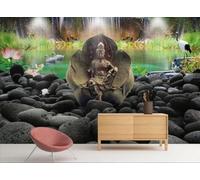 STROXTH WALLPAPER Papier Peint 250cmx175cm Nature Paysage 3D Panoramique Chinois Zen Lotus Étang Pierre Bouddha Doré Zen Poster géant en Papier Peint