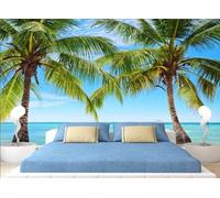 STROXTH WALLPAPER Papier Peint 350cmx245cm Nature Paysage 3D Panoramique Ciel Bleu Nuage Blanc Plage Méditerranéenne Cocotier Paysage Zen Poster géant en Papier Peint