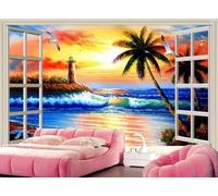 STROXTH WALLPAPER Papier Peint 400cmx280cm Nature Paysage 3D Panoramique Mur De Fond De Peinture À L'Huile De Phare De Vue De Mer De Fenêtre Colorée Zen Poster géant en Papier Peint