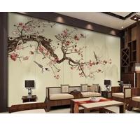 STROXTH WALLPAPER Papier Peint 400cmx280cm Nature Paysage 3D Panoramique Peinture Murale Chinoise Vintage Branche Rouge Fleur Rouge Grand Arbre Oiseau Volant Zen Poster géant en Papier Peint