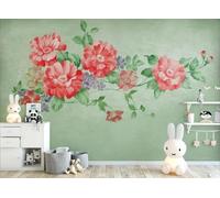 STROXTH WALLPAPER Papier Peint 430cmx300cm Fleurs 3D Panoramique Frais Idyllique Vintage Rose Rouge Floral Vert Feuille Fond D'Écran Zen Poster géant en Papier Peint