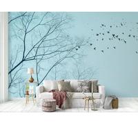 STROXTH WALLPAPER Papier Peint 430cmx300cm Nature Paysage 3D Panoramique Tôt Le Matin Ciel Bleu Arbres Morts Oiseaux Volants Mur De Fond Noir Et Blanc Zen Poster géant en Papier Peint