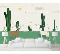 STROXTH WALLPAPER Papier Peint Panoramique Animaux dans une prairie verte 250cmx175cm Papier Peint Pour Enfants Avec Des Cactus Peints À La Main Tapisserie Chambre Salon Décoration Murale Muraux