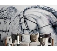 STROXTH WALLPAPER Papier Peint Panoramique Cheval Blanc 250cmx175cm Peinture À L'Huile De Cheval De Couple De Style Européen En Noir Et Blanc Tapisserie Chambre Salon Décoration Murale Muraux