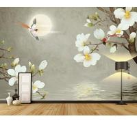 STROXTH WALLPAPER Papier Peint Panoramique Composition florale de magnolias 200cmx140cm Lac Et Lune Abstraits Rétro Avec Des Fleurs Blanches Tapisserie Chambre Salon Décoration Murale Muraux