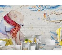 STROXTH WALLPAPER Papier Peint Panoramique Enfant 3D Blanc Mur De Briques Peint À La Main Dessin Animé Ourson Fleur Oiseau 430cmx300cm Chambre Salon Zen Poster Geant Mural