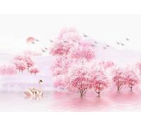 STROXTH WALLPAPER Papier Peint Panoramique Fleurs De Cerisier Japonaises 300cmx210cm Paysage De Cygne Rose Forêt De Pêche Tapisserie Chambre Salon Décoration Murale Muraux