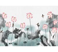 STROXTH WALLPAPER Papier Peint Panoramique Fleurs de lotus colorées 400cmx280cm Feuilles Feuilles De Lotus Et Oiseaux En Noir Et Blanc À L'Encre De Chine Tapisserie Chambre Salon Décoration Murale M