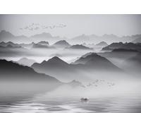 STROXTH WALLPAPER Papier Peint Panoramique Montagne Noir Et Blanc Paysage Chinois Effet 3d Salon Chambre Moderne Océans Les Lacs Oiseau Bateau Adulte Enfant Geant Mural (200cmx140cm)