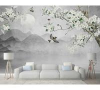 STROXTH WALLPAPER Papier Peint Panoramique Motifs floraux en blanc 300cmx210cm Chaîne De Montagnes Rétro En Noir Et Blanc Avec Des Poiriers Et Des Fleurs Tapisserie Chambre Salon Décoration Murale M