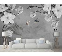 STROXTH WALLPAPER Papier Peint Panoramique Motifs floraux en noir et blanc 400cmx280cm Sommets Montagneux Chinois Avec Magnolias Vintage Tapisserie Chambre Salon Décoration Murale Muraux