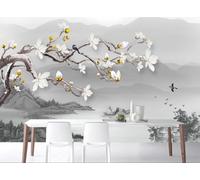 STROXTH WALLPAPER Papier Peint Panoramique Noir et blanc 3D Chinois Peint À La Main Noir Et Blanc Paysage Jade Orchidée Décor Peinture 300cmx256cm Chambre Salon Zen Poster Geant Mural