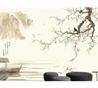 STROXTH WALLPAPER Papier Peint Panoramique Paysage floral et ornithologique chinois 200cmx140cm Montagnes Abstraites Rétro Lac Bateau De Pêche Tapisserie Chambre Salon Décoration Murale Muraux