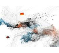 STROXTH WALLPAPER Papier Peint Panoramique Paysage rayé coloré de style chinois 300cmx210cm Coucher De Soleil Rouge Océan Bateau De Pêche Oiseaux En Vol Tapisserie Chambre Salon Décoration Murale Mu