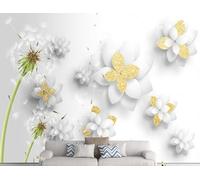 STROXTH WALLPAPER Papier Peint Panoramique Pissenlits blancs 400cmx280cm Motif Géométrique Floral Doré En Arrière-Plan Tapisserie Chambre Salon Décoration Murale Muraux