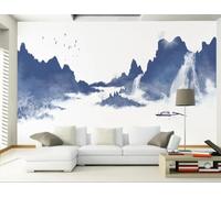 STROXTH WALLPAPER Papier Peint Panoramique Sommets montagneux bleus et cascades 350cmx245cm Paysages Naturels Brumeux Blancs De Style Chinois Tapisserie Chambre Salon Décoration Murale Muraux