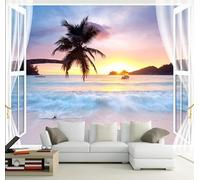 STROXTH WALLPAPER Papier Peint Panoramique Sur Mesure Soie 3d Fenêtre Tropical Plage Mer Paysage Coucher Soleil Avec Fenetre Nature Arbre Feuillage Adulte Enfant Salon Chambre Poster Geant Mural