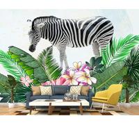 STROXTH WALLPAPER Papier Peint Panoramique Zèbre noir et blanc 400cmx280cm Feuilles De Palmier Et Animaux De La Forêt Tropicale Humide Dessinés À La Main Tapisserie Chambre Salon Décoration Murale M