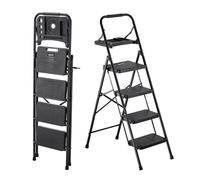 Structure acier robuste : escabeau 4 marches pliant plateau porte-outils pour maison et cuisine