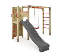 Structure d’escalade Wickey FIT Cross 662 rouge avec toboggan 220 cm et balançoire, station fitness extérieure jardin