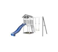 AXI Aire de jeux Beach Tower – Toboggan bleu, balançoire, bac à sable – Maison bois FSC gris/blanc
