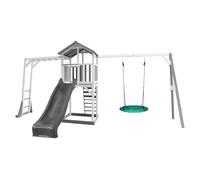AXI Beach Tower Aire de Jeux avec Toboggan en Gris, Cadre d'escalade, Balançoire Nid d'oiseau Vert & Bac à Sable | Grande Maison enfant extérieur en Gris & Blanc | Cabane de Jeu en Bois FSC