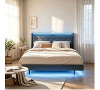 Structure de Lit - Bealife - 160x200 - Tête de Lit Rangement Caché - LED Réglable - Prise USB - Lattes en Métal - Lit Double - Gris