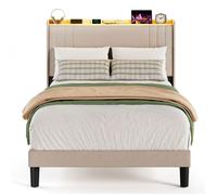 Structure de Lit - Bealife - Bealife - 120x200cm - Tête Rembourrée - Lattes en Bois de Sapin - LED Réglable - Prise USB - Beige