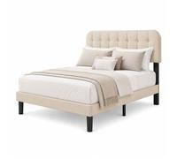Structure de Lit - Bealife - Lit 140 x 200 cm - Tête de Lit Réglable - Lattes en Bois - Lit Double - Rangement 20 cm H - Beige
