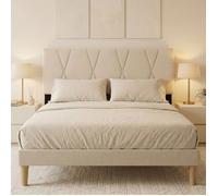 Structure de Lit - Bealife - Lit 140x200 cm - Tête de Lit Réglable - Lattes et Pied en Bois - Lit Simple - Rangement 20 cm H - Beige