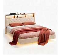 Structure de Lit - Bealife - Lit Capitonné 160x200 - Tête de lit Rangement - LED Intégrée - Prises et USB - Sommier en Bois - Beige