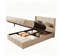 Structure de Lit - Bealife - Lit Coffre - 140 x 200 cm - Sommier à Lattes en Bois - Tête de lit Rembourré - Rangement 28 cm - Beige