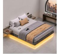 Structure de Lit Double 140 x 190 cm, LED Intégrée, Multiprise, Effet Flottant, Ports USB, Chambre, Gris