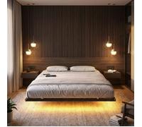 Structure de lit Flottant 160 x 200 cm avec LED, Ports USB et Prises CA, pour Chambre, Capacité 500 kg, Noir